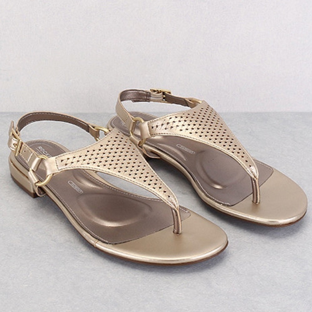 Rockport | Total Motion Zosia Thong Sandals In Gold Leather Size 7 NEW - Picture 1 of 13